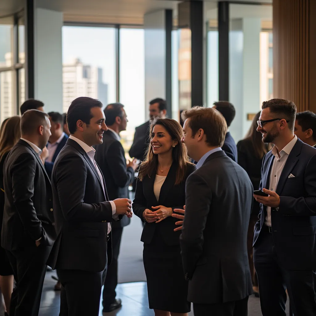 Profesionales en evento de networking financiero en Puerto Madero